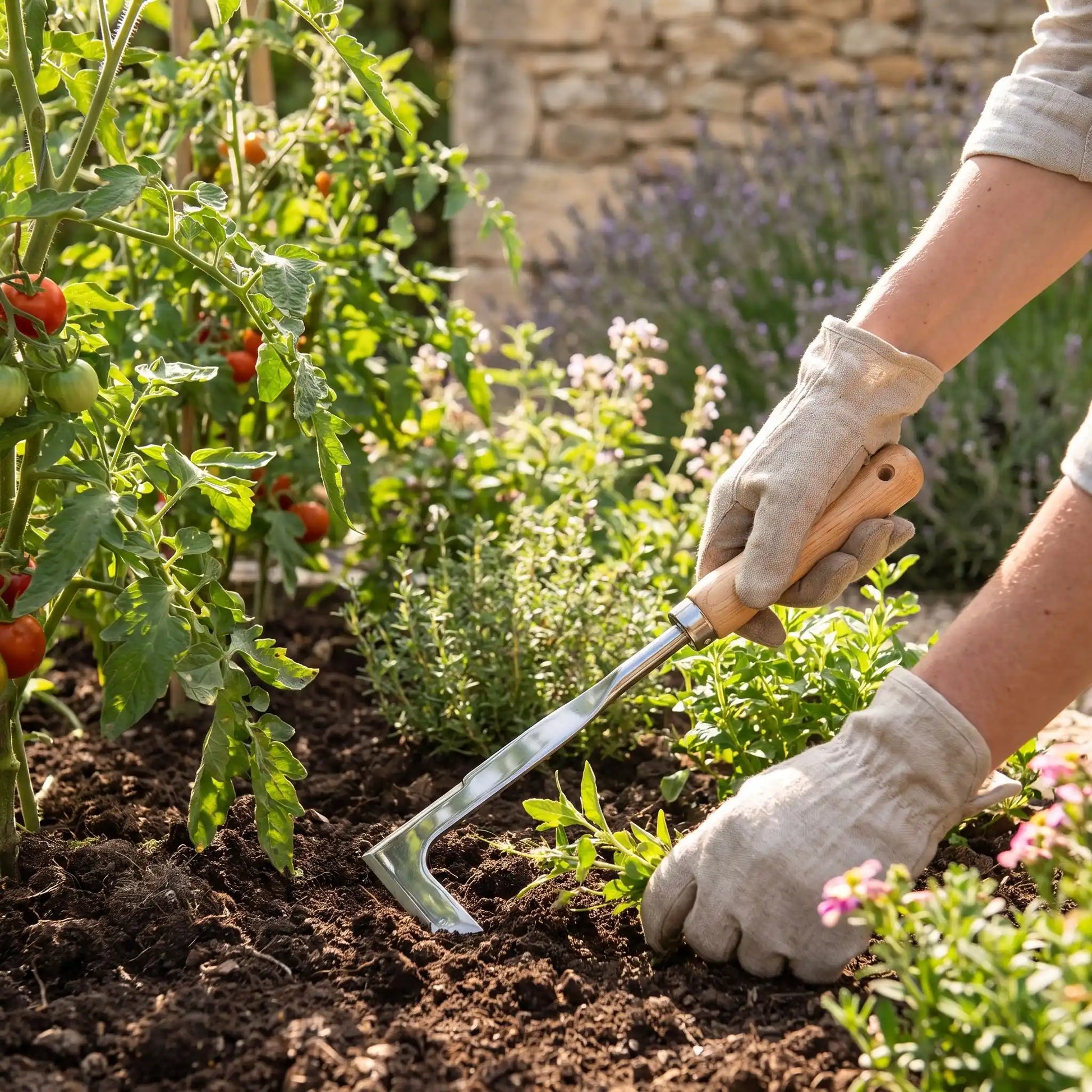 personne qui jardine avec couteau désherbeur