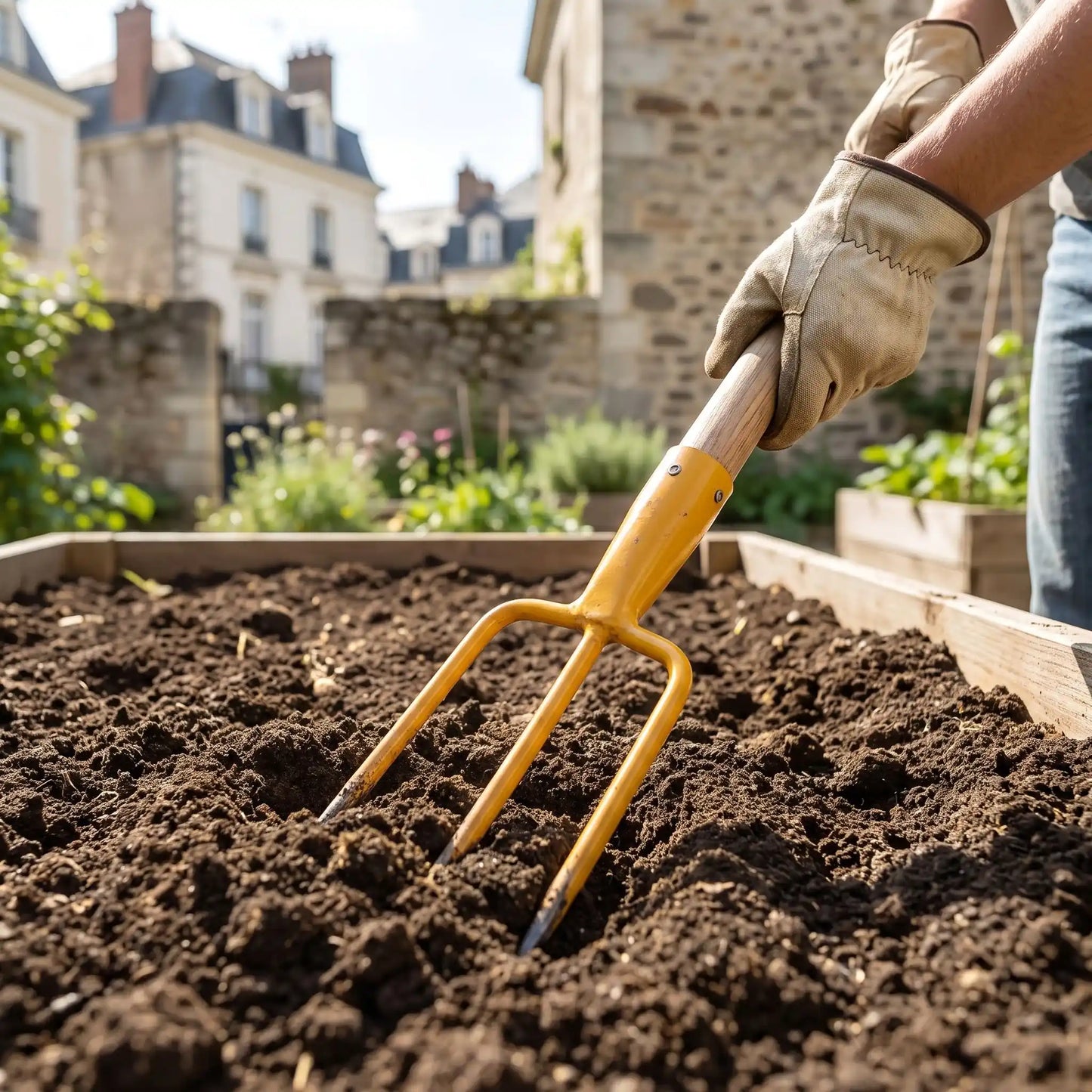 personne qui utilise fourche-beche pour ameublir son jardin