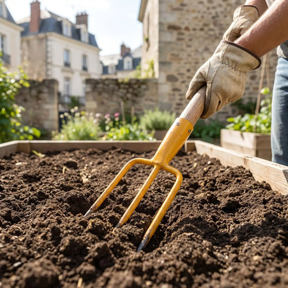 personne qui utilise fourche-beche pour ameublir son jardin