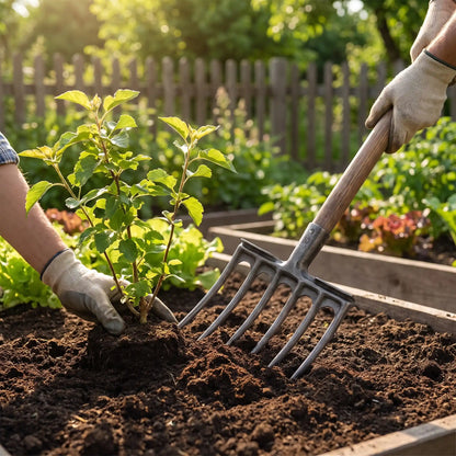 personne qui utilise la fourche jardinier pour décompacter le sol afin de transplanter