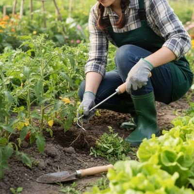 personne qui utilise outil de désherbage dans un rangs de jardin