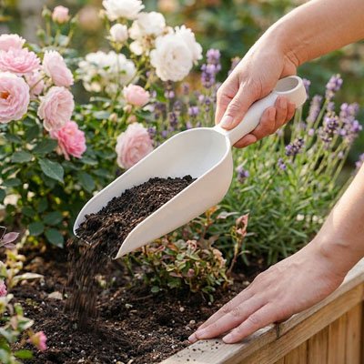 personne qui utilise sa Pelle blanche dans jardin de fleur rose et blanche