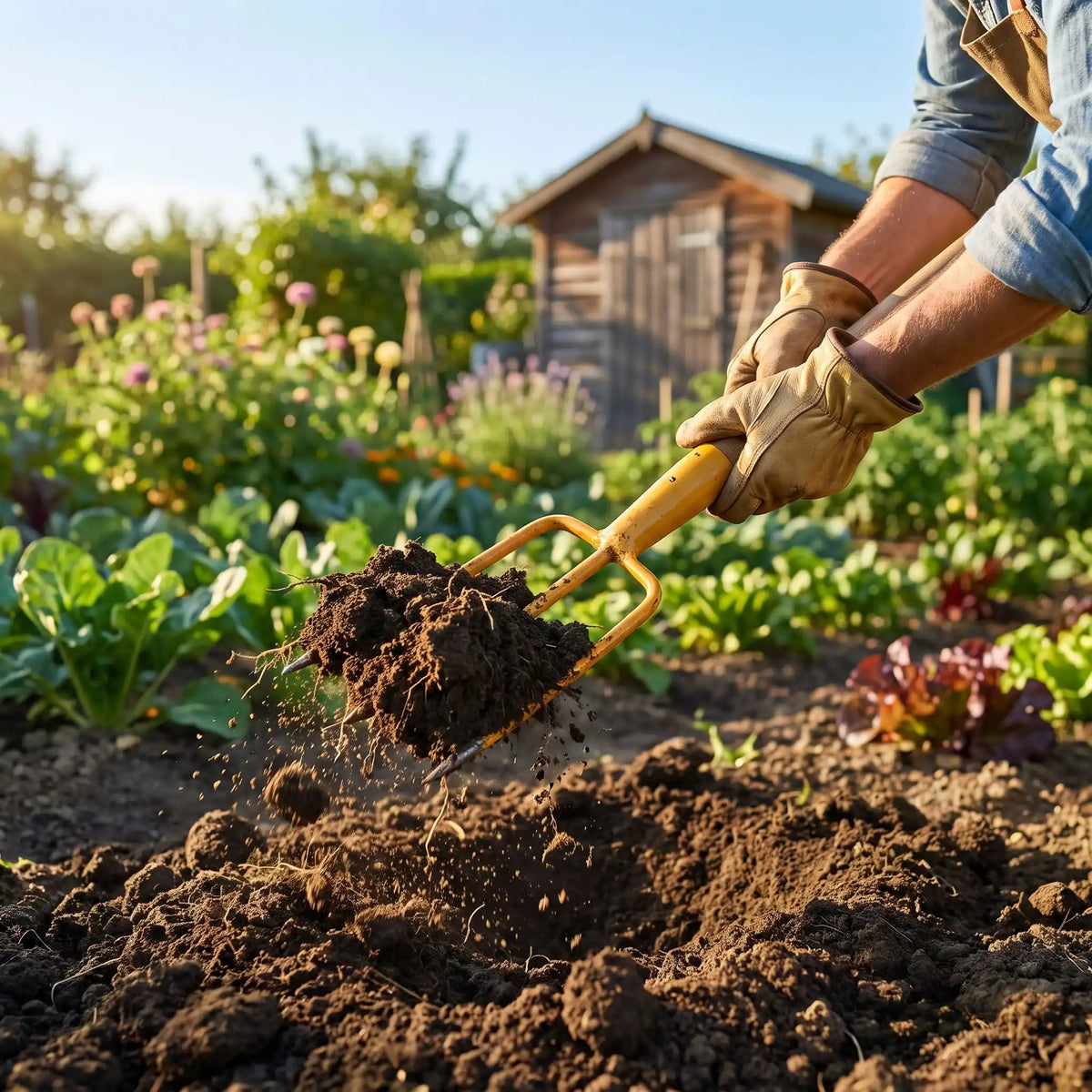 personne utilisant fourche-beche dans son jardin