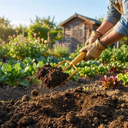personne utilisant fourche-beche dans son jardin