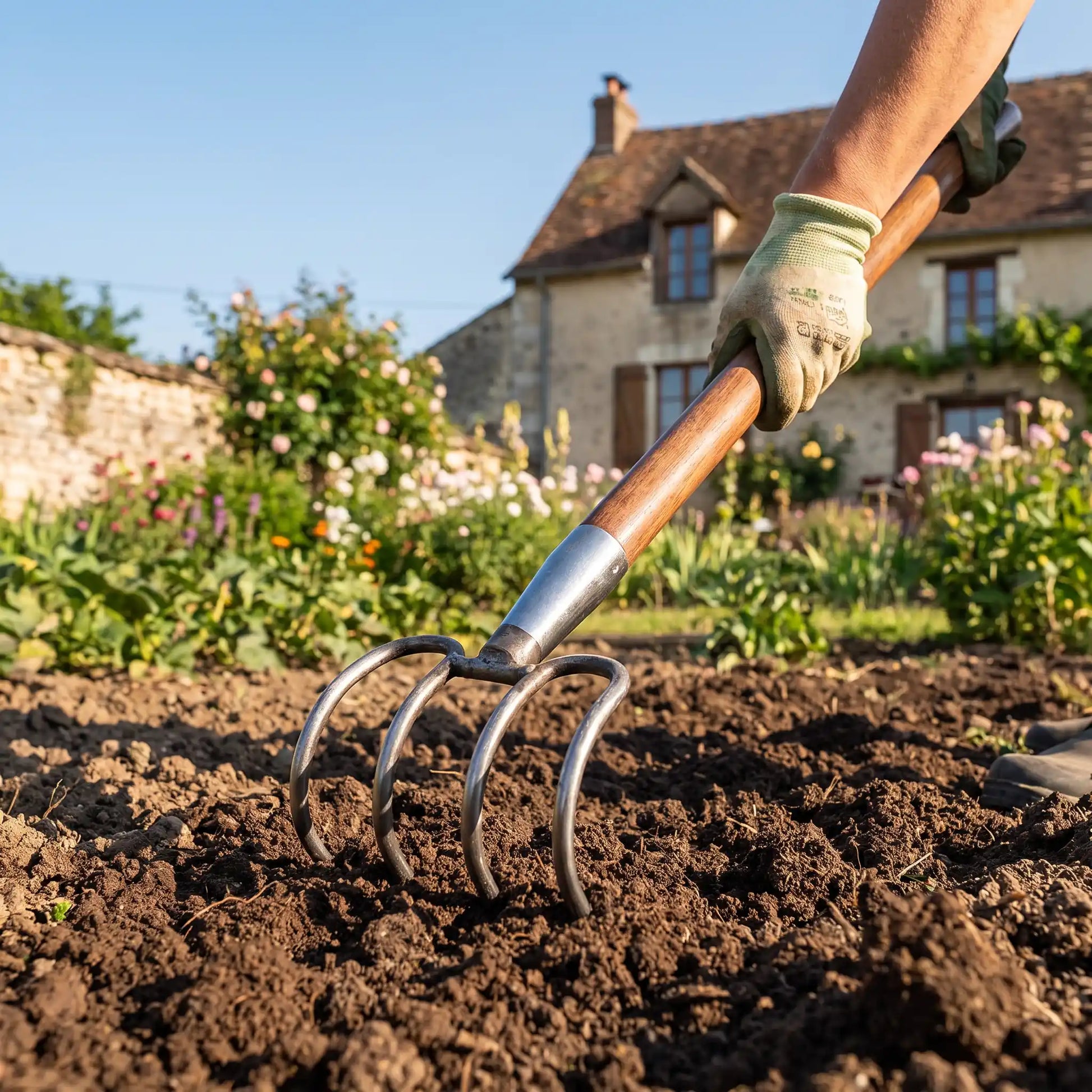 personne utilisant fourche courbée dans sa cour