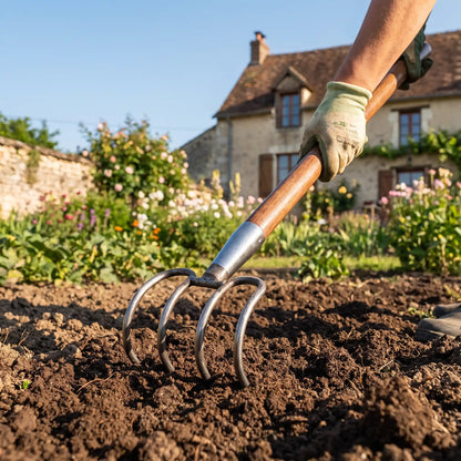 personne utilisant fourche courbée dans sa cour