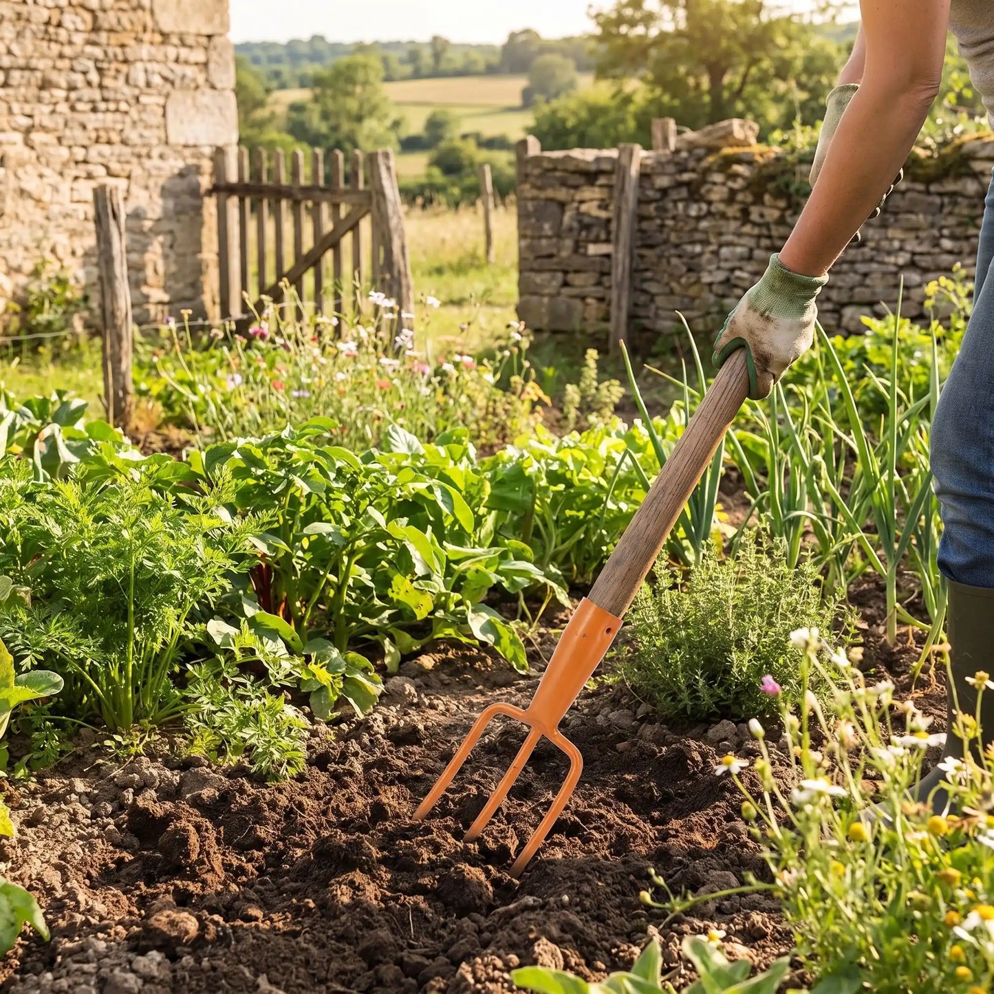 personne utilisant fourche jardinage pour ameublir le sol de son jardin