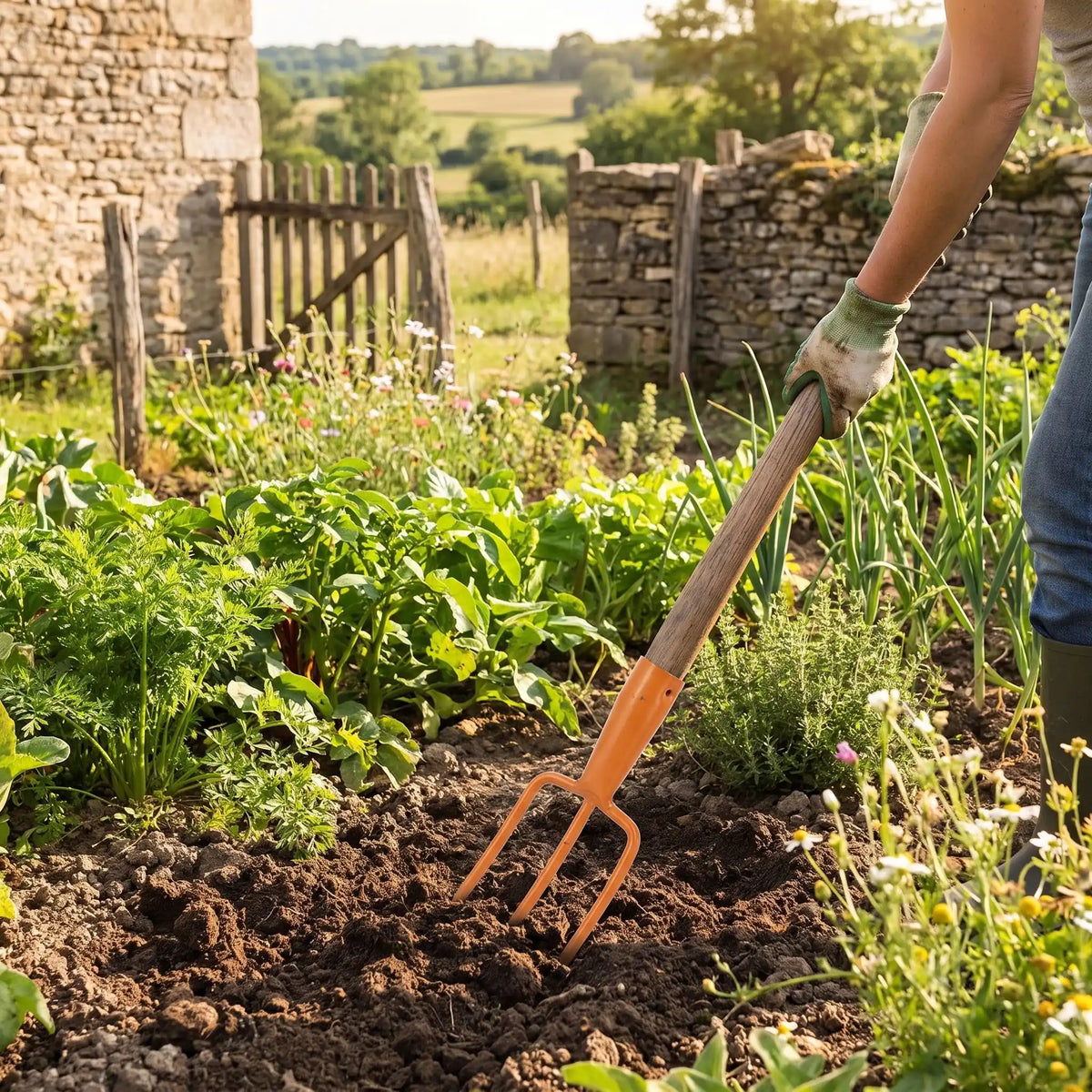 personne utilisant fourche jardinage pour ameublir le sol de son jardin