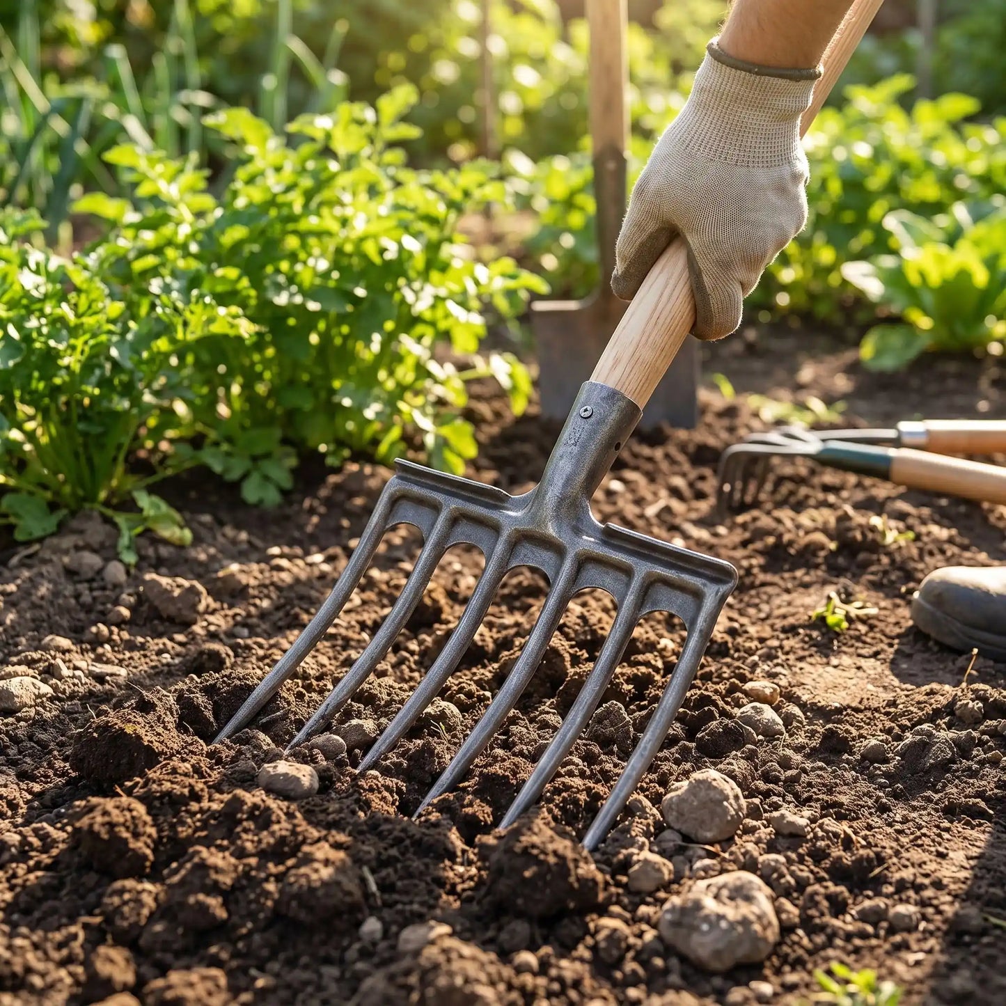personne utilise fourche jardinier pour ameublir sol jardinier