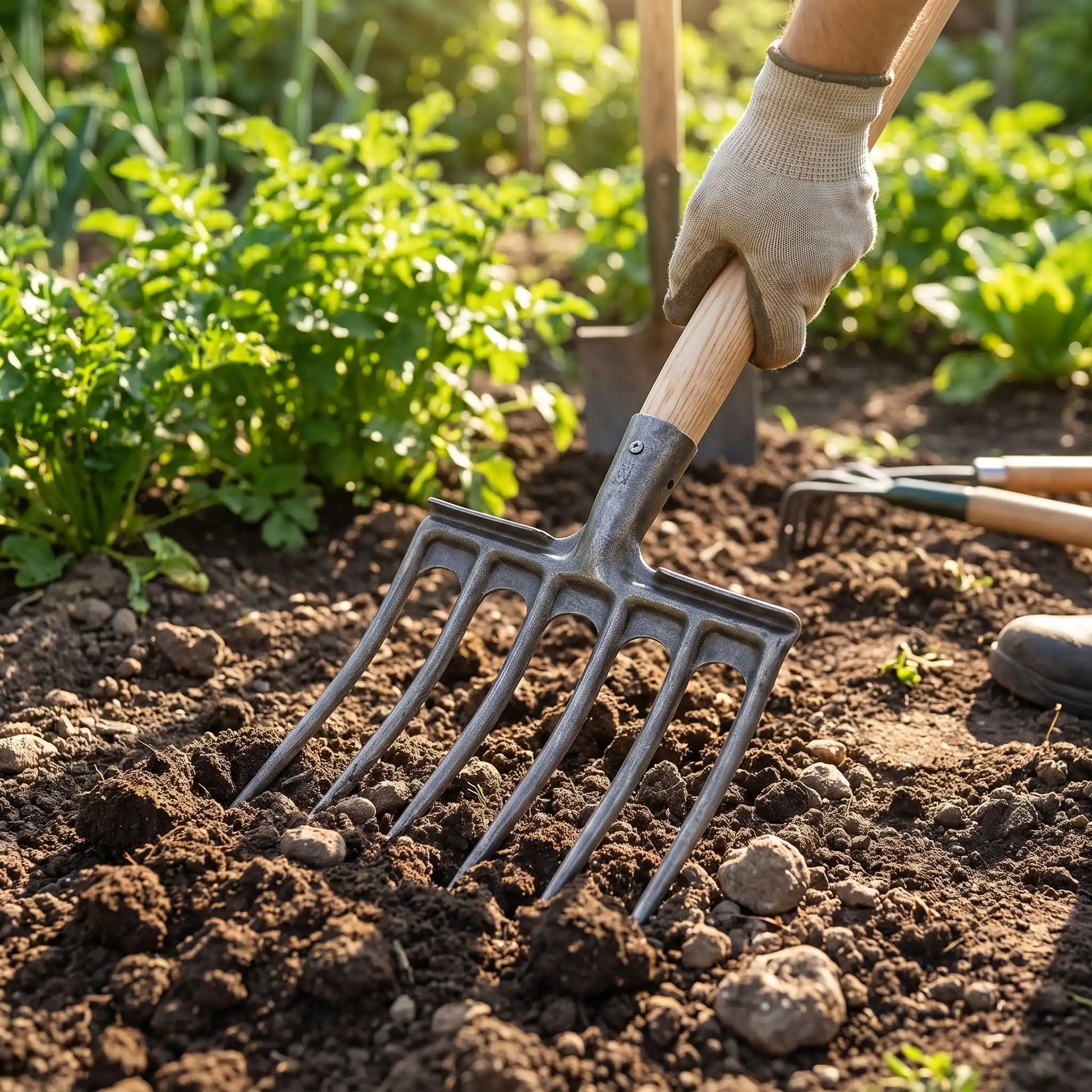 personne utilise fourche jardinier pour ameublir sol jardinier