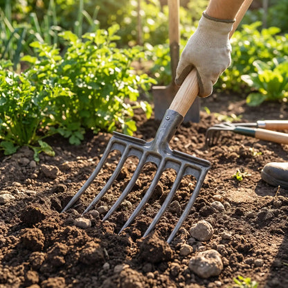 personne utilise fourche jardinier pour ameublir sol jardinier