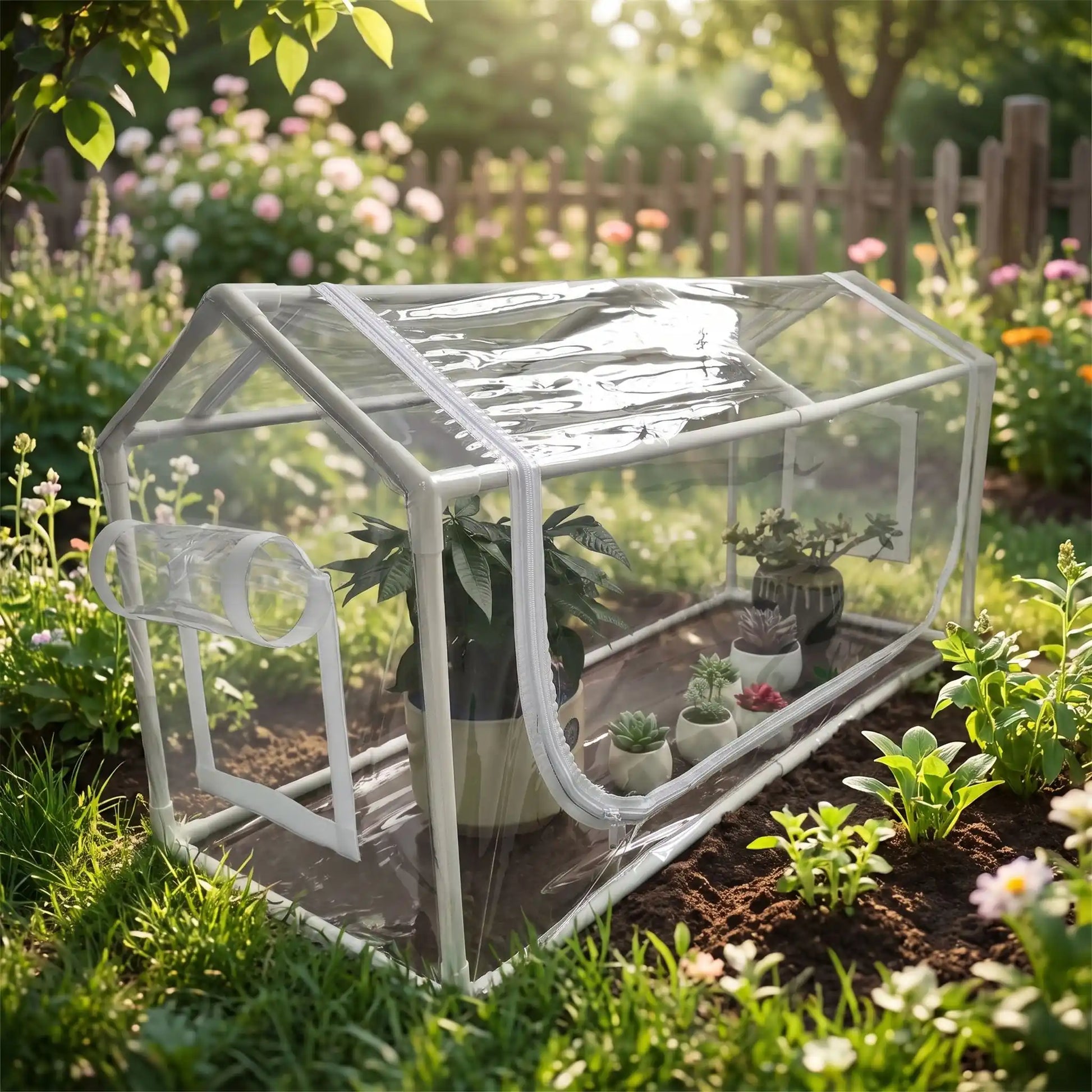 petite serre de jardin en forme de rectangle en pvc installer dans arrière  cour