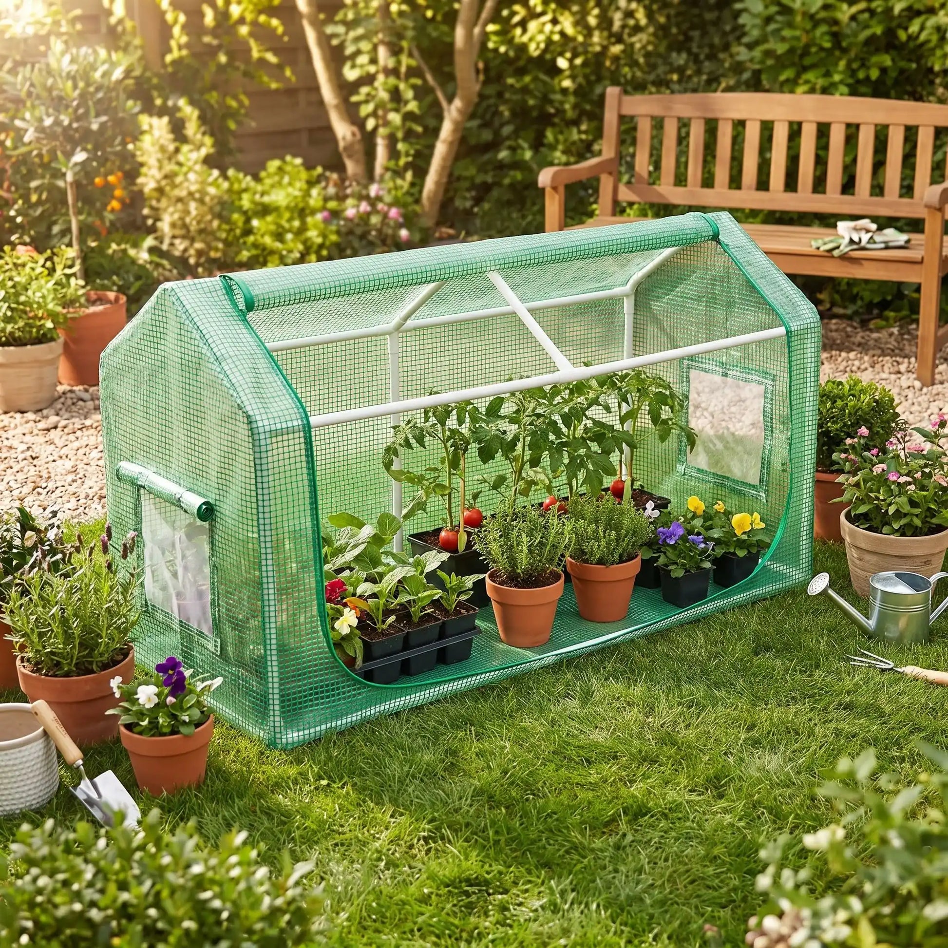 petite serre de jardin en forme de rectangle en pvc vert nstaller dans arrière cour