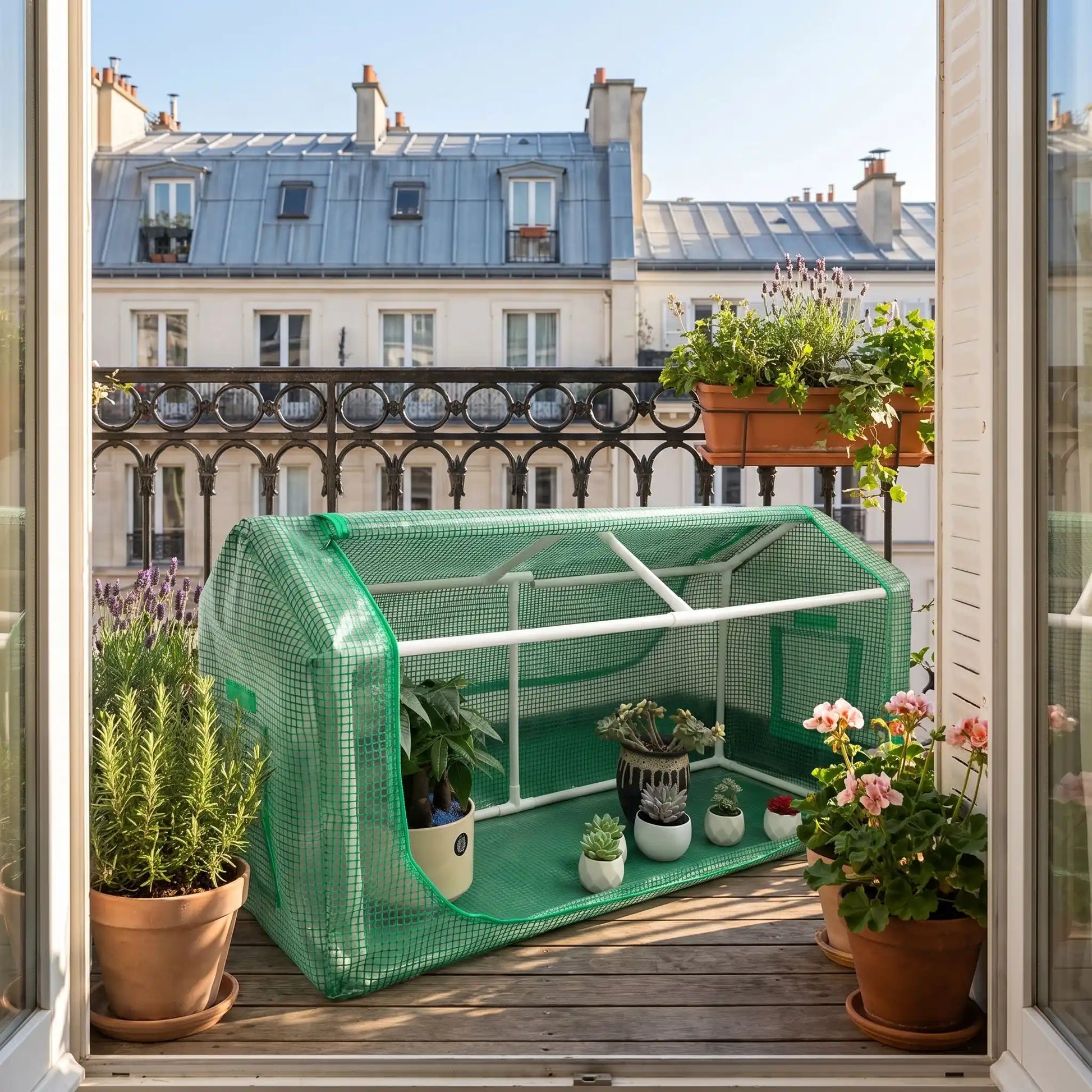petite serre de jardin hébergeant plantes sur balcon