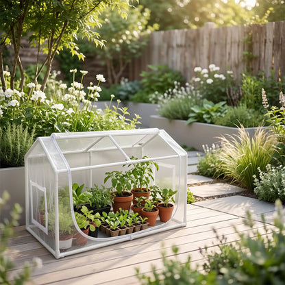 petite serre de jardin protégeant jeunes plants installer dans arrière cour