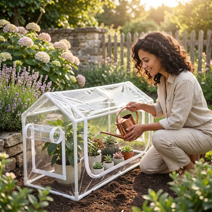petite serre de jardin qui  protège  plantes qu_une femme souriante arrosent