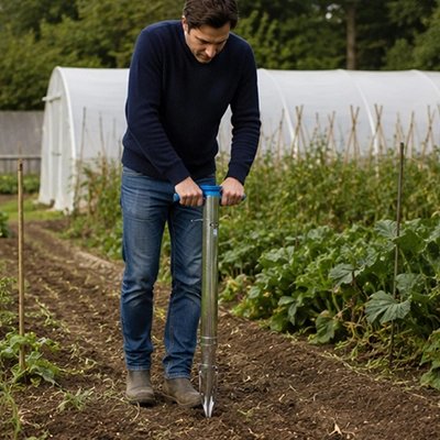 Plantoir a bulbe utilisé par homme au  jardin