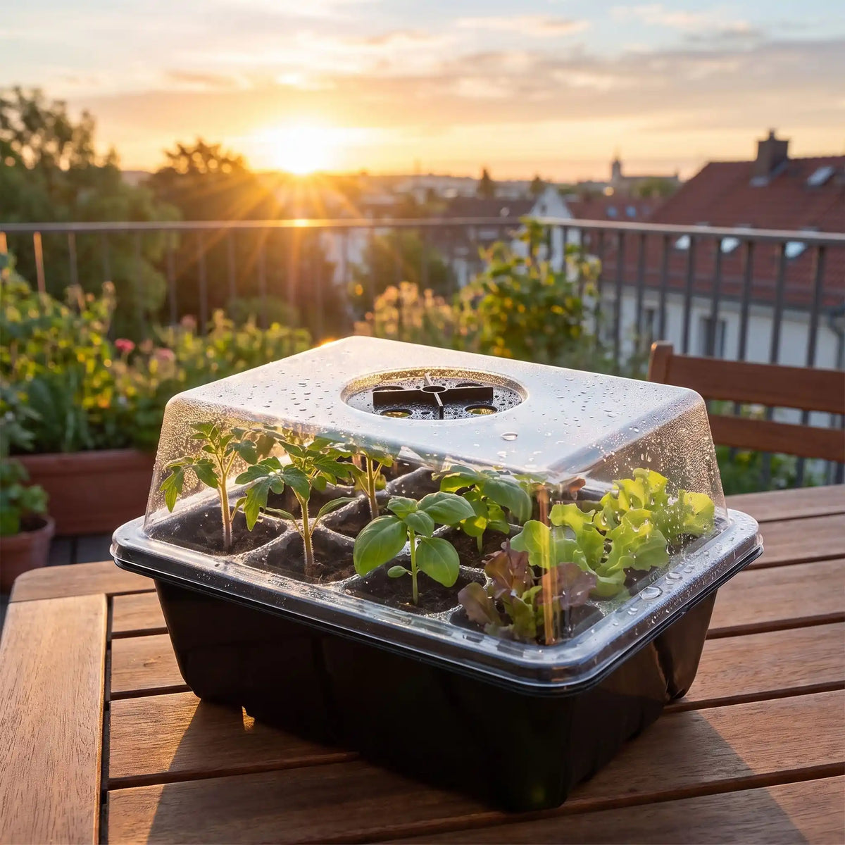 plants qui s'éveillent avec le soleil dans mini serre de jardin déposée sur table du balcon