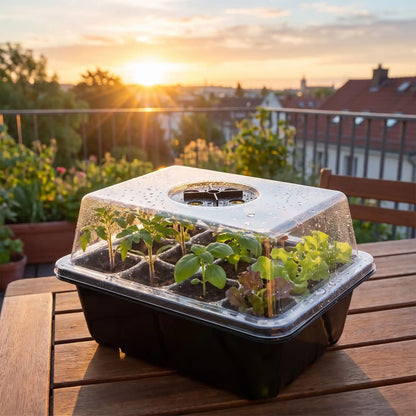 plants qui s'éveillent avec le soleil dans mini serre de jardin déposée sur table du balcon