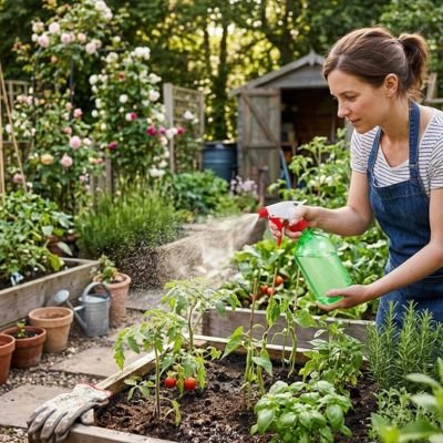 Pulvérisateur à main utiliser par femme pour arroser ses tomates