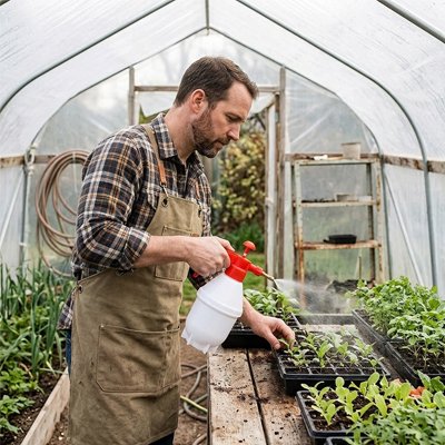 pulvérisateur à pression utiliser pour arroser jeunes plants dans une mini serre