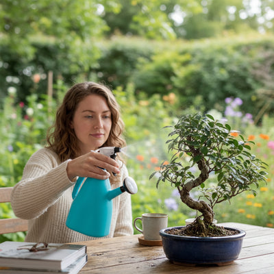 pulverisateur bleu utilisé par femme sur bonsai