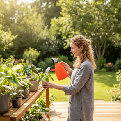 pulverisateur et arrosoir rouge utilisé par femme sur plantes