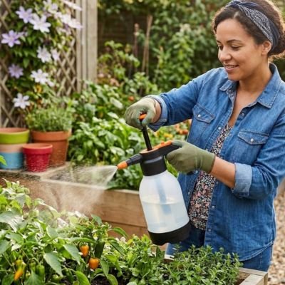 pulvérisateur pour jardin utilisé par femme pour arroser jeunes plantes