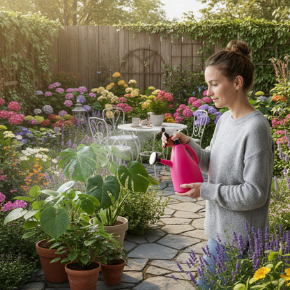 pulverisateur rose utilisé par femme sur plante