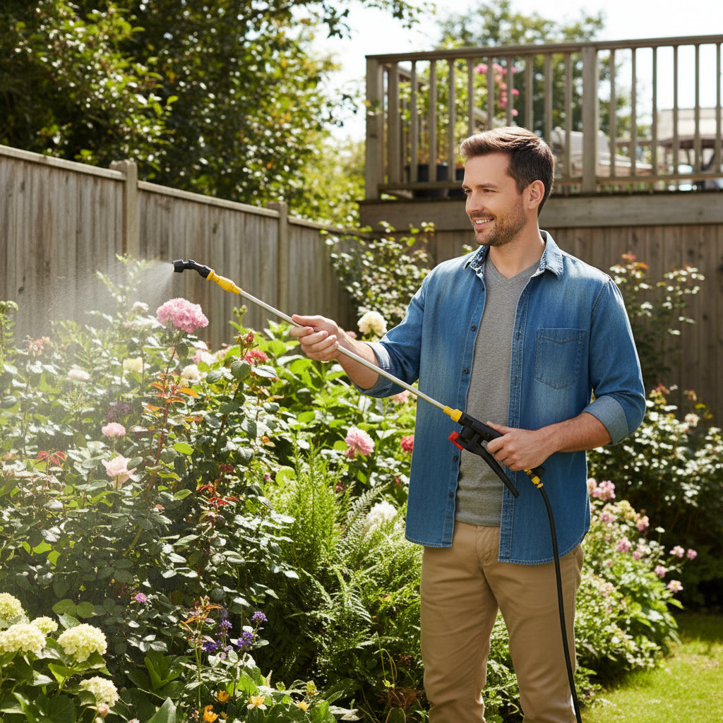 pulverisateur telescopique utilisé par homme pour ses plantes
