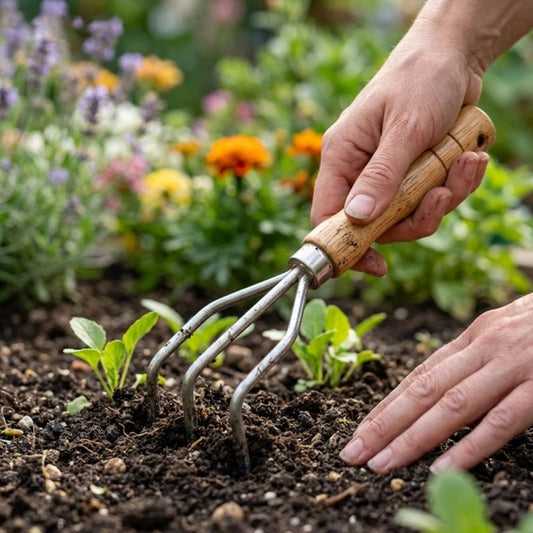 Rateau de désherbage vue de proche utilisé par une personne pour enlever des mauvaises herbes