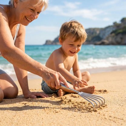 râteau désherbant grand mère petits fils plage