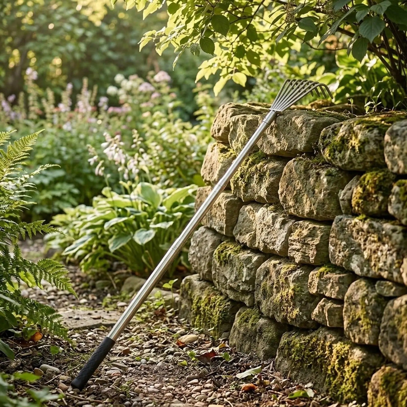 rateau  feuille accote sur mur de pierre