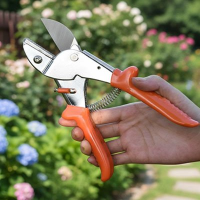 secateur au manche orange et bec arrondi et entre ouvert