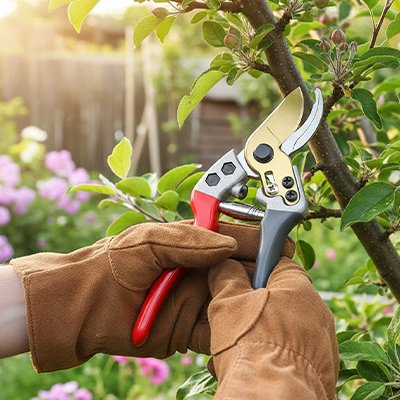 Secateur coupant branche tenu par main avec gant
