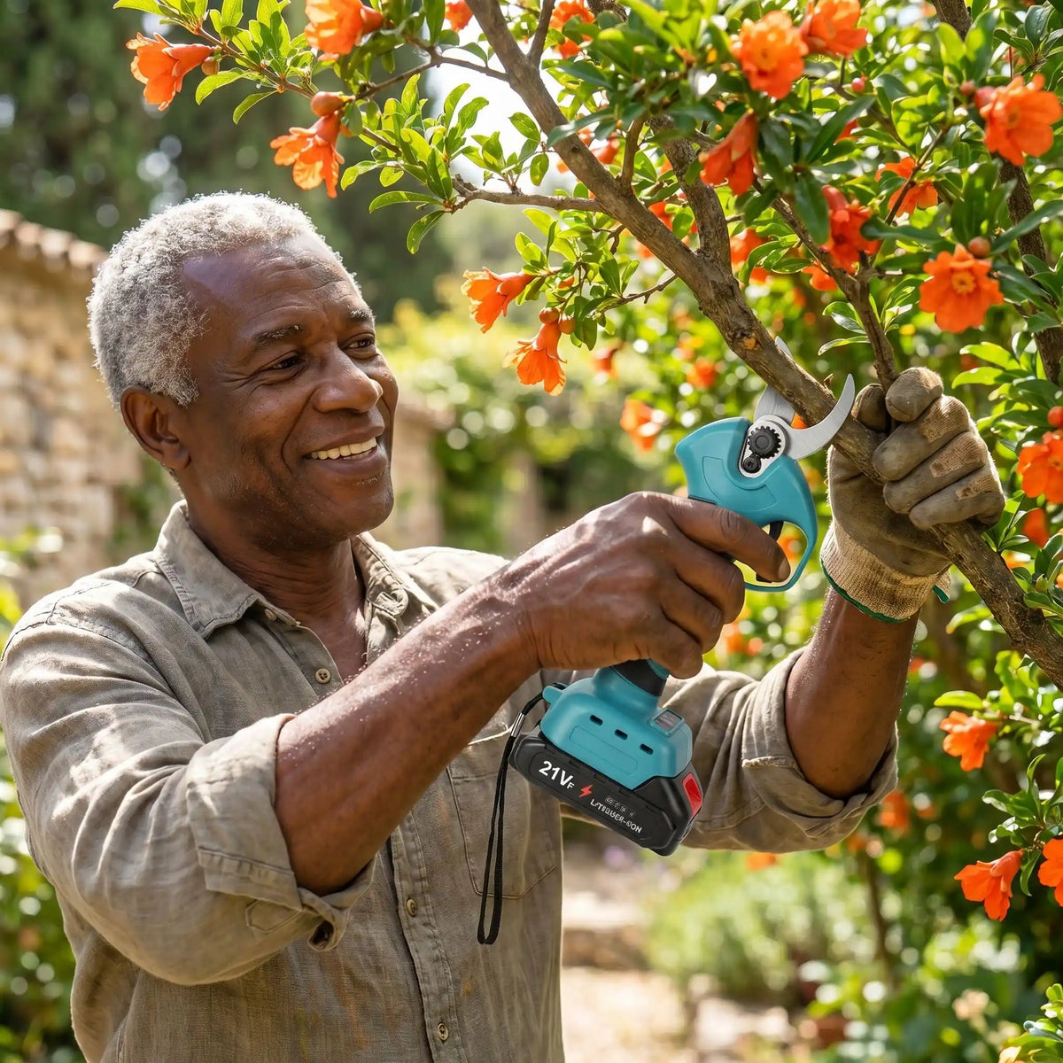 secateur electrique utilisé par homme coupant branche arbre avec fleur orange
