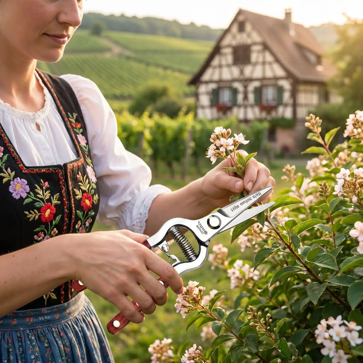 sécateur utilisé par femme pour couper tige de petites fleurs blanche au coeur rose