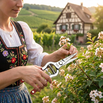sécateur utilisé par femme pour couper tige de petites fleurs blanche au coeur rose