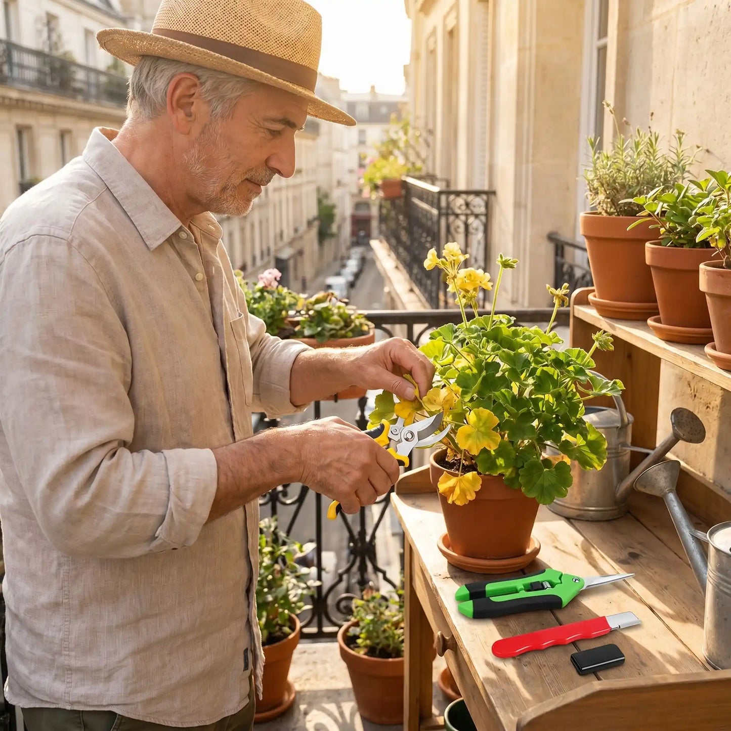 sécateur utiliser par homme à chapeau coupant feuille jaune sur geranium en pot sur balcon