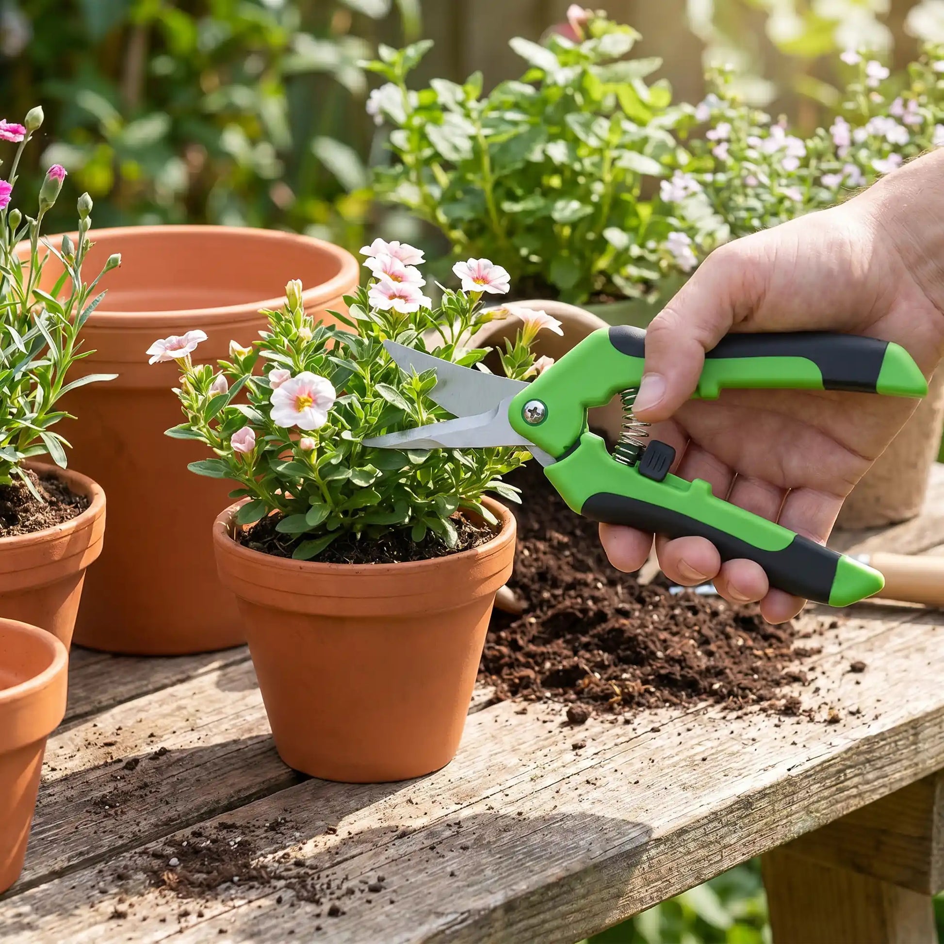 sécateur vu de proche tenu par une main taillant plante