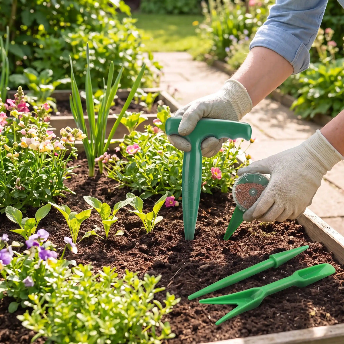 semoir et autres accessoires utilises dans  son carré de jardin