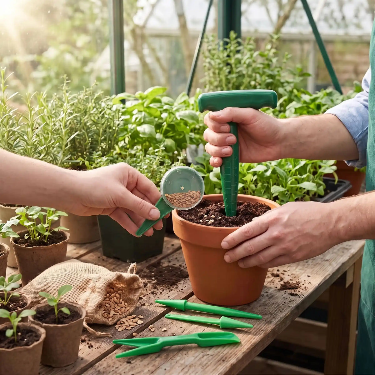 semoir et autres accessoires utilisés pour semer dans un pot