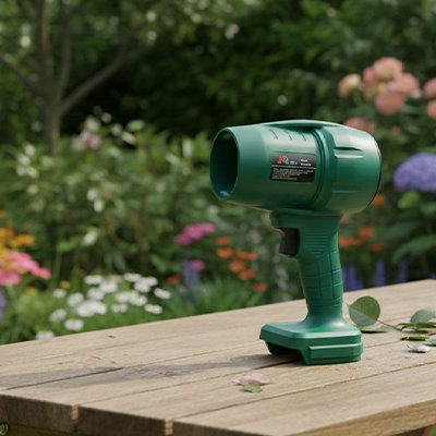 Souffleur de feuilles déposé sur table extérieur