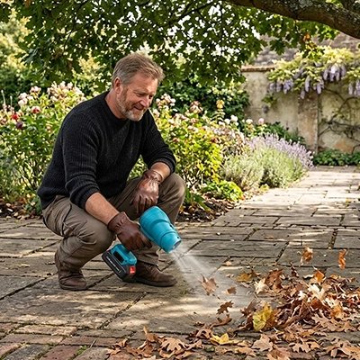 Souffleur de feuilles utilisé par homme agenouillère
