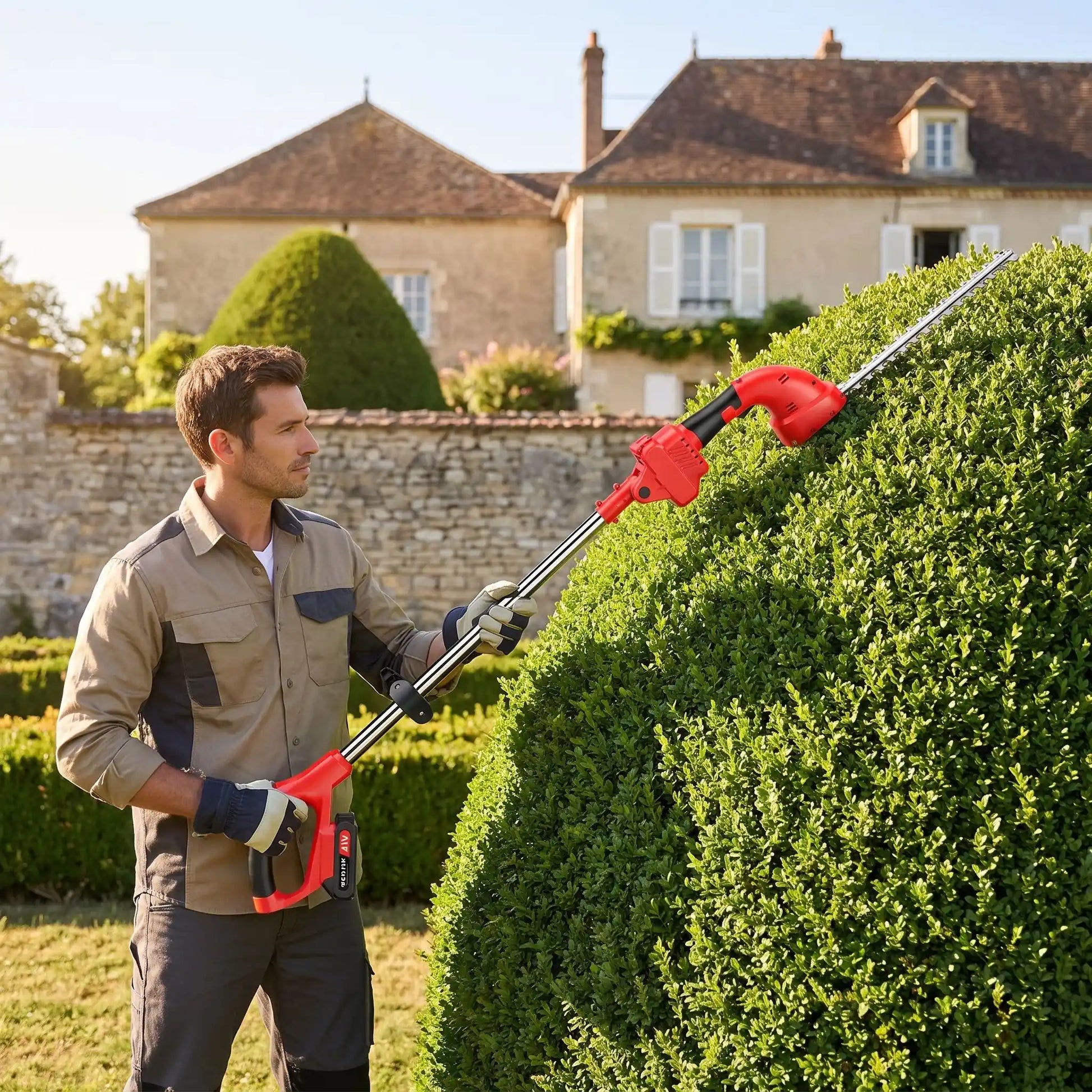 taille haie telescopique utilisé par homme arrondir haie