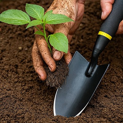 une personne qui as fait un trou pour jeune plant avec sa Pelle 