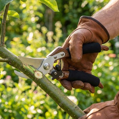 vue de près secateur coupant branche par des mains gantés